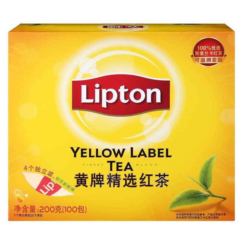 Lipton/立顿红茶黄牌精选红茶100包/盒办公室冲饮