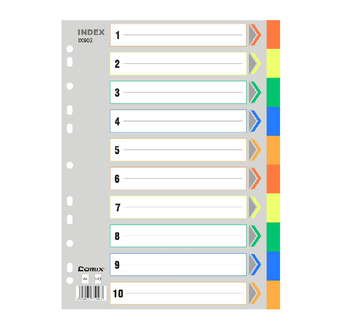 齐心分类纸 十色索引纸IX902 塑料隔页纸 11孔PP彩色10页A4分页纸